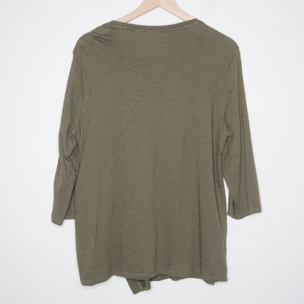 Chico's Womens 3/4 Sleeve T-Shirt Size 2 Large Olive Green Buttons Wrap Neutrals - Picture 2 of 10